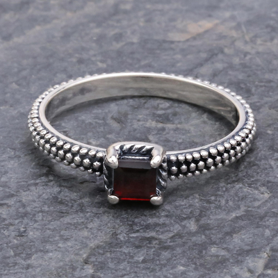 Garnet solitaire ring, 'Beaded Splendor' - Garnet and Sterling Silver Handmade Solitaire Ring