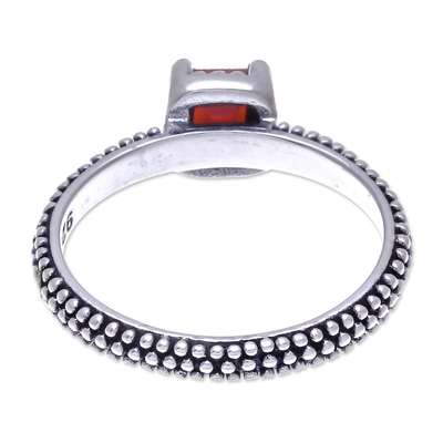 Garnet solitaire ring, 'Beaded Splendor' - Garnet and Sterling Silver Handmade Solitaire Ring