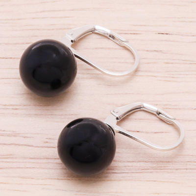 Calcite drop earrings, 'Pure Black' - Black Calcite and Sterling Silver Earrings from Thailand