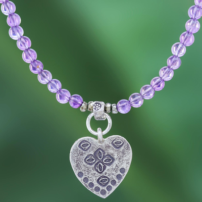 Amethyst beaded pendant necklace, 'Emboldened Heart' - 950 Silver Heart Pendant Necklace with Amethyst Beads