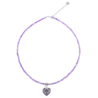 Amethyst beaded pendant necklace, 'Emboldened Heart' - 950 Silver Heart Pendant Necklace with Amethyst Beads