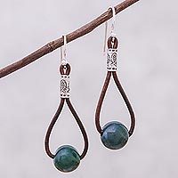 Agate and leather dangle earrings, 'Karen Culture' - Hill Tribe Green Agate and Leather Dangle Earrings