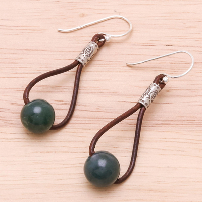 Agate and leather dangle earrings, 'Karen Culture' - Hill Tribe Green Agate and Leather Dangle Earrings