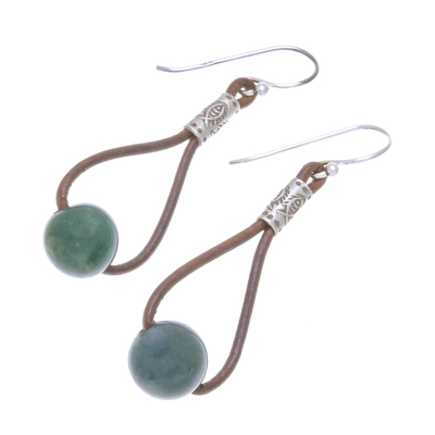 Agate and leather dangle earrings, 'Karen Culture' - Hill Tribe Green Agate and Leather Dangle Earrings