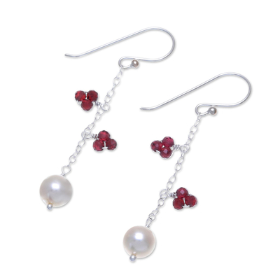 Garnet and cultured pearl dangle earrings, 'Sweet Essence' - Long Sterling Silver Garnet and Pearl Earrings