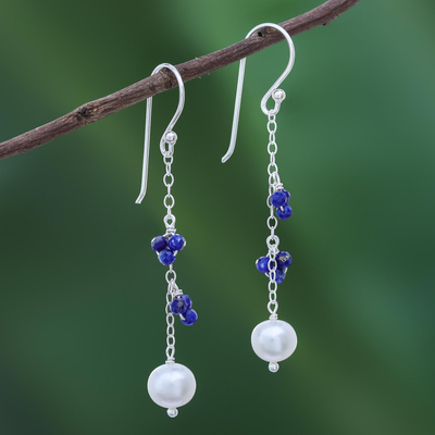 Pendientes colgantes de lapislázuli y perlas cultivadas - Aretes colgantes de lapislázuli y perlas cultivadas