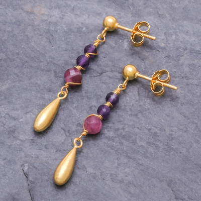 Gold plated amethyst and tourmaline dangle earrings, 'Aria' - Gold Plated Tourmaline and Amethyst Dangle Earrings