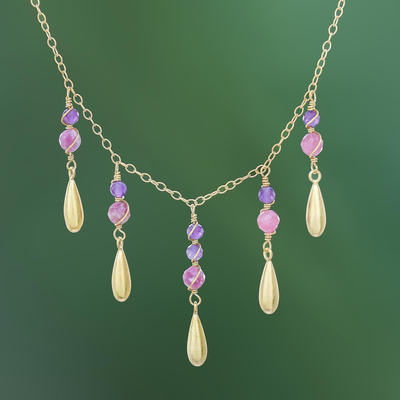 Gold plated amethyst and tourmaline waterfall necklace, 'Aria' - Tourmaline and Amethyst Pendant Waterfall Necklace