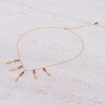 Gold plated amethyst and tourmaline waterfall necklace, 'Aria' - Tourmaline and Amethyst Pendant Waterfall Necklace