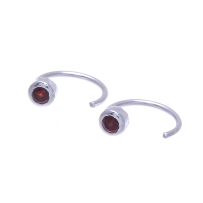 Garnet half-hoop earrings, 'Back to Front' - Petite Thai Sterling Silver Half-Hoop Earrings with Garnets