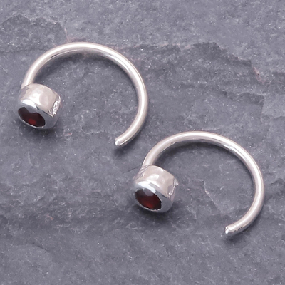 Garnet half hoop earrings, 'Back to Front' - Petite Thai Sterling Silver Half Hoop Earrings with Garnets