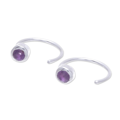 Amethyst half-hoop earrings, 'Back to Front' - Petite Thai Sterling Silver Half-Hoop Earrings with Amethyst