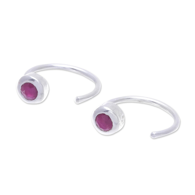 Ruby half-hoop earrings, 'Back to Front' - Petite Thai Sterling Silver Half Hoop Earrings with Ruby