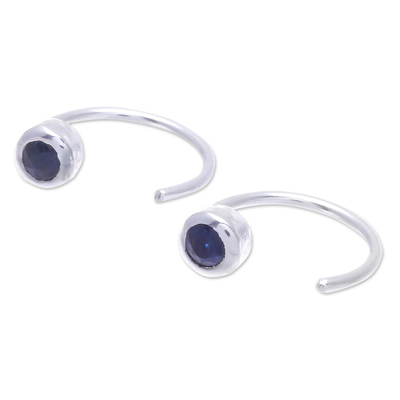 Sapphire half hoop earrings, 'Back to Front' - Petite Thai Sterling Silver Half Hoop Earrings with Sapphire