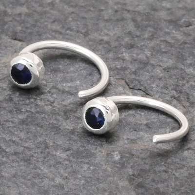 Sapphire half hoop earrings, 'Back to Front' - Petite Thai Sterling Silver Half Hoop Earrings with Sapphire
