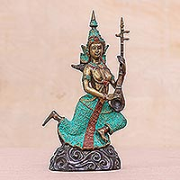 Brass sculpture, 'Angel Plays a Lute' - Thai Brass Buddhist Angel Sculpture with a Seung Lute