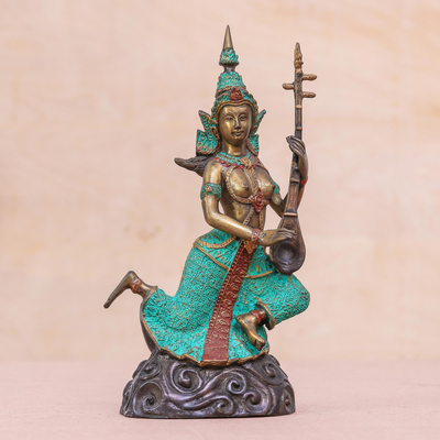 Messingskulptur - Thailändische buddhistische Engelsskulptur aus Messing mit einer Seung-Laute