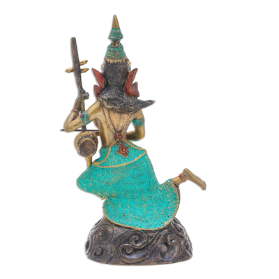 Brass sculpture, 'Angel Plays a Thai Violin' - Thai Brass Buddhist Angel Sculpture with a Thai Violin