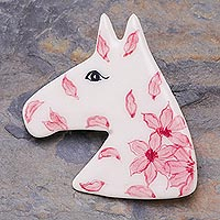 Ceramic brooch pin, 'Blooming Pony' - Floral Horse Hand Painted Brooch Pin