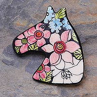 Ceramic brooch pin, 'Garden Pony' - Hand Painted Floral Pony Brooch from Thailand