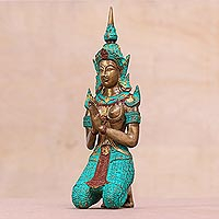 Brass sculpture, 'Woman Angel Greeting' - Thai Brass Sculpture of a Woman Buddhist Angel