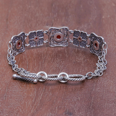 Carnelian filigree link bracelet, 'Morning Love' - Handcrafted Thai Carnelian and Silver Filigree Bracelet