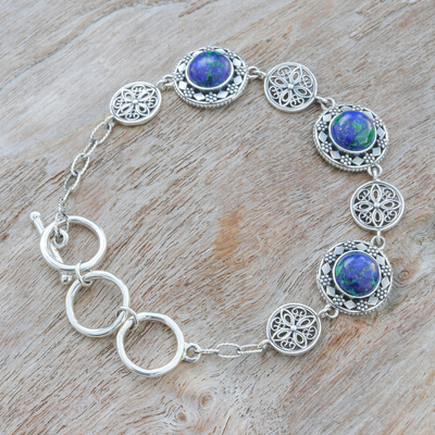Azure malachite filigree link bracelet, 'Eternal Sea' - Handmade Thai Azure Malachite and Silver Filigree Bracelet