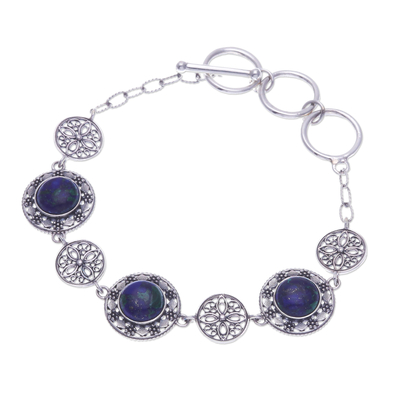 Azure-malachite filigree link bracelet, 'Eternal Sea' - Handmade Thai Azure-Malachite and Silver Filigree Bracelet