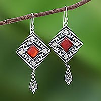 Carnelian dangle earrings, 'Silver Diamonds' - Diamond Shapes Sterling Silver and Carnelian Dangle Earrings