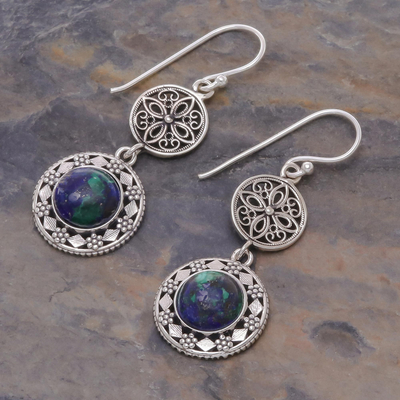 Azure-malachite filigree dangle earrings, 'Eternal Sea' - Handcrafted Azure-Malachite and Silver Filigree Earrings