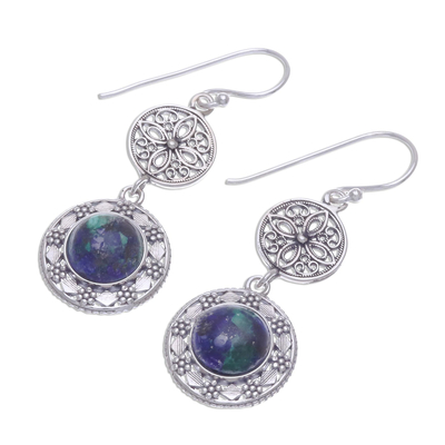 Azure-malachite filigree dangle earrings, 'Eternal Sea' - Handcrafted Azure-Malachite and Silver Filigree Earrings