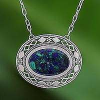 Azure malachite pendant necklace, 'Infinite Sea' - Thai Handcrafted Azure Malachite and Silver Necklace