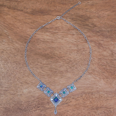 Collar con colgante de azur y malaquita - Collar de plata de ley con formas de diamantes y azur-malaquita