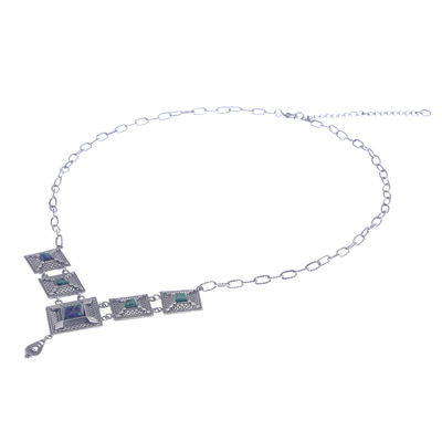 Azure-malachite pendant necklace, 'Silver Diamonds' - Diamond Shapes Sterling Silver and Azure-Malachite Necklace