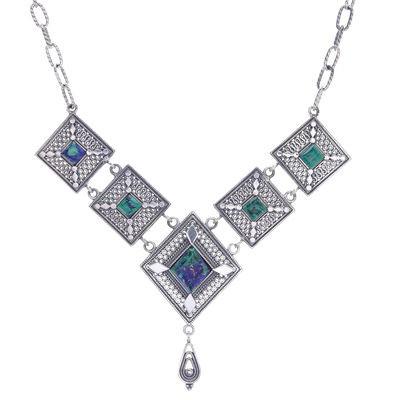 Halskette mit Anhänger aus Azure-Malachit - Diamantförmige Halskette aus Sterlingsilber und Azurblau-Malachit