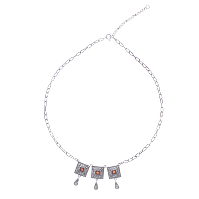 Carnelian pendant necklace, 'Autumn Fire' - Ornate Geometric Thai Sterling Silver and Carnelian Necklace