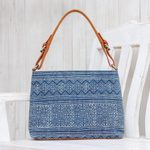 Leather-accented cotton batik handbag, 'Hmong Glyphs' - Hmong Hill Tribe Indigo Cotton Batik Handbag with Leather