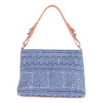 Leather-accented cotton batik handbag, 'Hmong Glyphs' - Hmong Hill Tribe Indigo Cotton Batik Handbag with Leather
