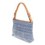 Leather-accented cotton batik handbag, 'Hmong Glyphs' - Hmong Hill Tribe Indigo Cotton Batik Handbag with Leather