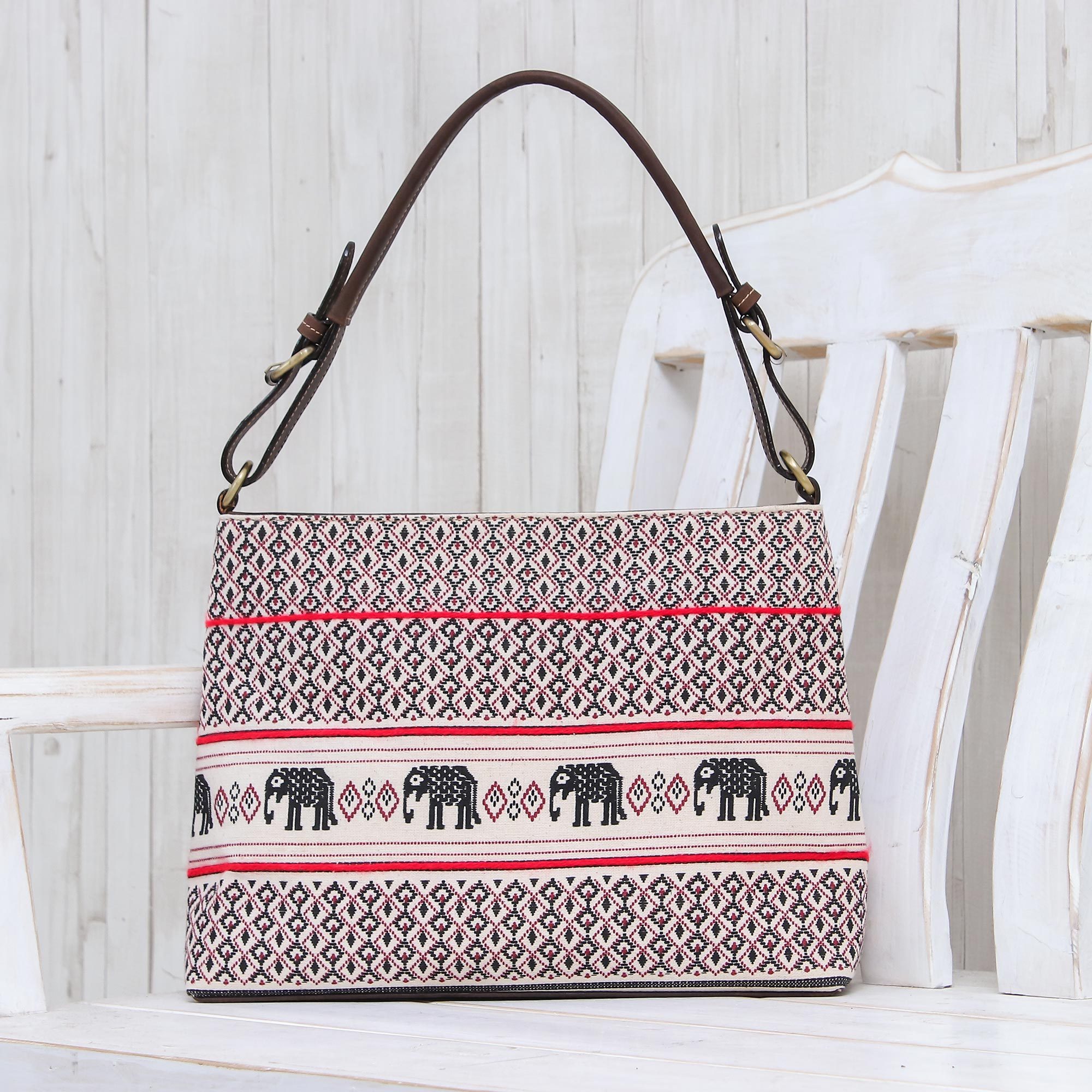 Elephant Motif Cotton and Leather Shoulder Bag - Hmong Elephants