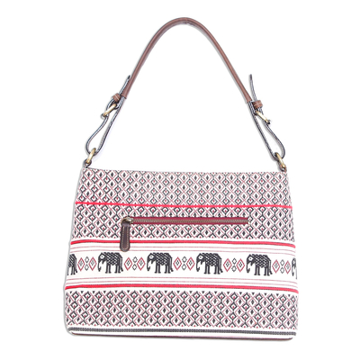 Leather-accented cotton shoulder bag, 'Hmong Elephants' - Elephant Motif Cotton and Leather Shoulder Bag