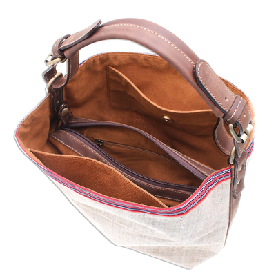 Leather-accented hemp shoulder bag, 'Hmong Hemp' - Hemp Shoulder Bag with Hmong-Style Trim