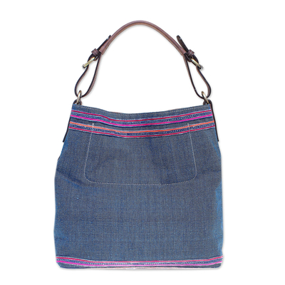 Leather-accented cotton shoulder bag, 'Hmong Casual' - Indigo Blue Cotton Thai Shoulder Bag
