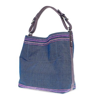 Leather-accented cotton shoulder bag, 'Hmong Casual' - Indigo Blue Cotton Thai Shoulder Bag