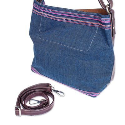 Bolso de hombro de algodón con detalles de cuero - Bandolera thai de algodón azul índigo