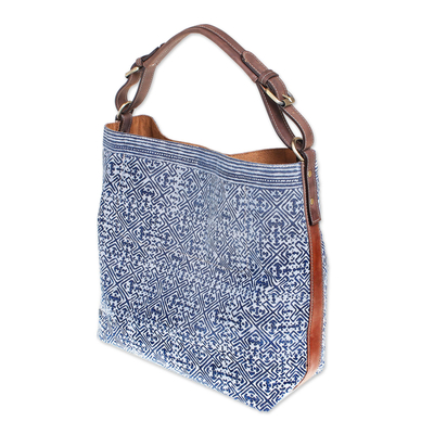 Leather-accented cotton batik shoulder bag, 'Hmong Maze' - Batik Printed Cotton Shoulder Bag with Leather Trim