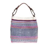 Leather-accented batik shoulder bag, 'Hmong Labyrinth' - Leather-Accented Batik Cotton Shoulder Bag