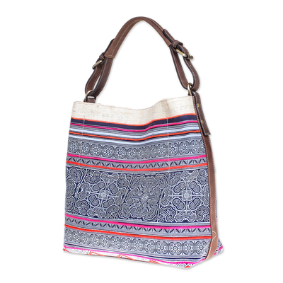 Leather-accented cotton batik shoulder bag, 'Hmong Labyrinth' - Leather-Accented Batik Cotton Shoulder Bag