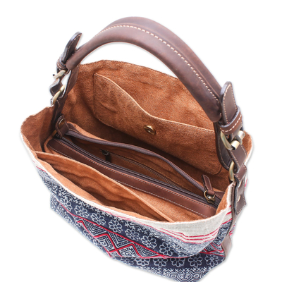 Leather-accented cotton batik shoulder bag, 'Hmong Block' - Thai Batik Block Print Shoulder Bag in Indigo