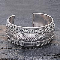 Sterling silver cuff bracelet, 'Wave Effects' - Woven Design Sterling Silver Cuff Bracelet